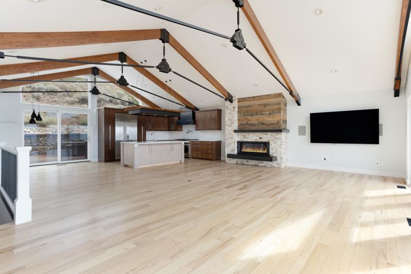 Great room with fireplace and open kitchen
