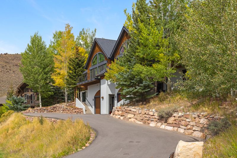 Driveway approach through aspens and evergreens